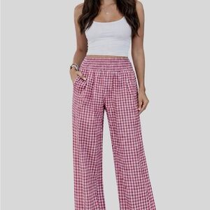 Pink Gingham Wide Leg Pants with Elastic Waist